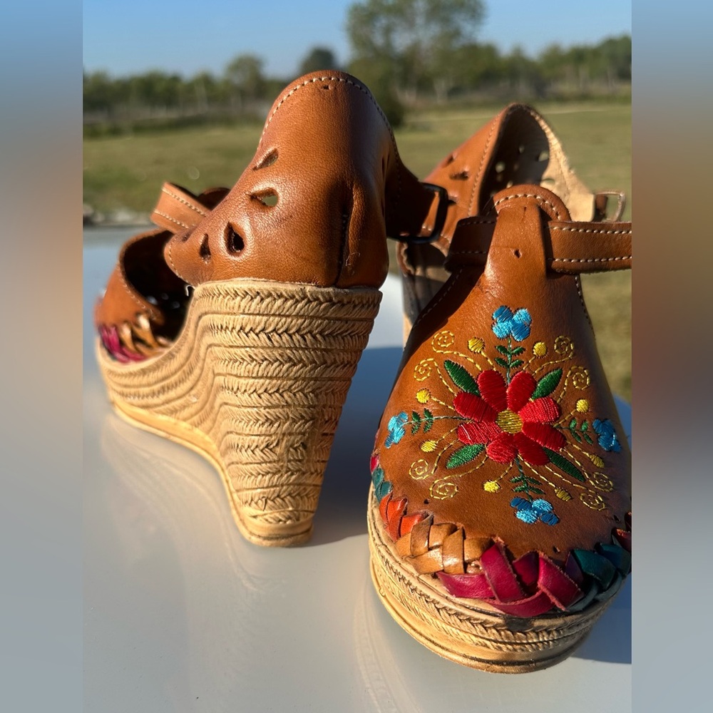 Floral Embroidered Tan Wedge Sandals